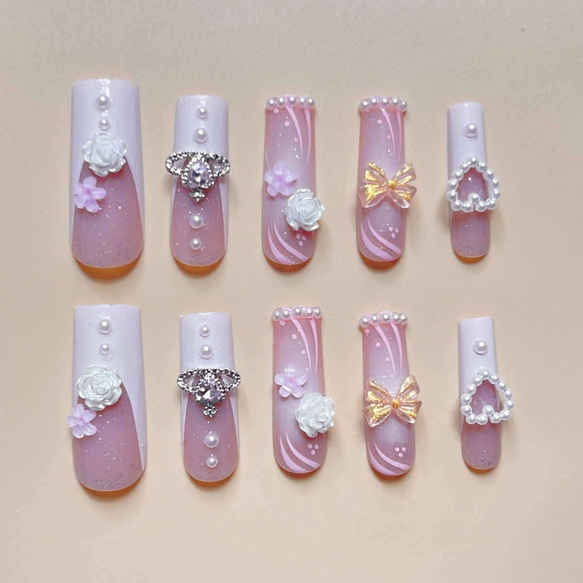 Luxury Rectangular Diamond Press-On Nails | Multi-Gem Crystal Full Cover Tips