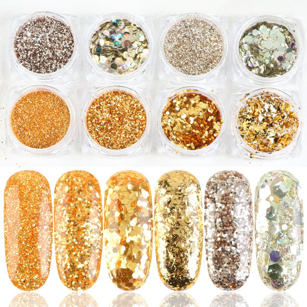 Holographic Nail Glitter Flakes & Powder Kit | 8 Box Mix Nail Art Decorations