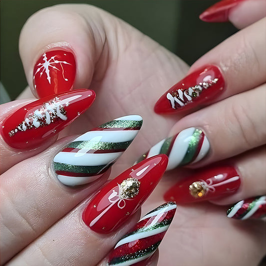 Festive Christmas False Nails | 24 Pcs Snowflake & Striped Press-Ons for Parties