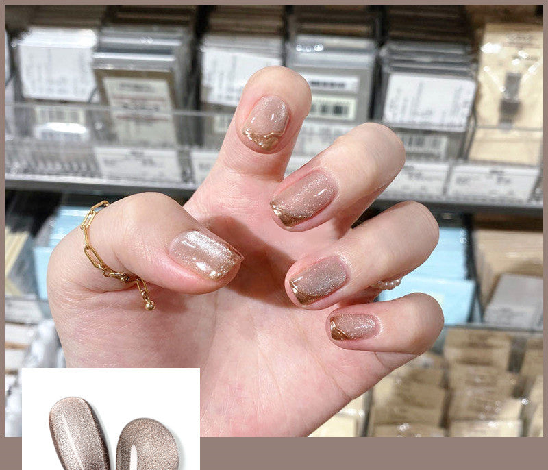 Milk Tea Crystal Stone Cat Eye Gel Nail Polish | Trendy Semi-Transparent Finish