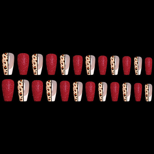 Red Leopard Print Ballet Coffin False Nails | Long Press-On Nail Tips