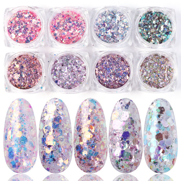 Holographic Nail Glitter Flakes & Powder Kit | 8 Box Mix Nail Art Decorations