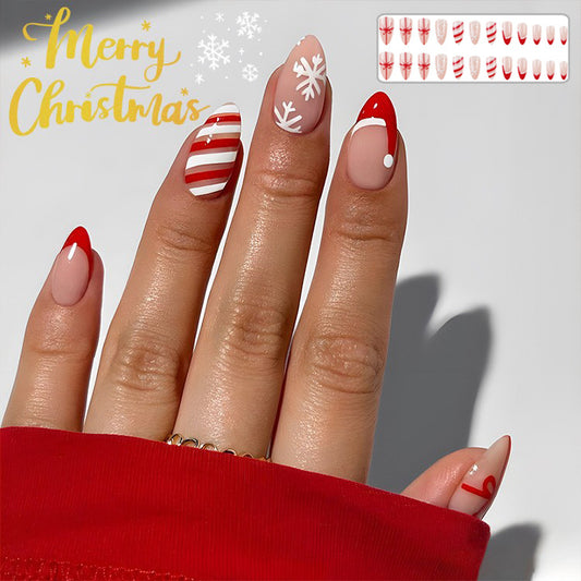 Festive Christmas False Nails | 24 Pcs Snowflake & Striped Press-Ons for Parties