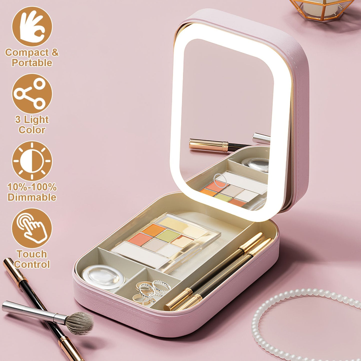 Portable Beauty Cosmetic Bag with LED Mirror | Waterproof, Dimmable 3-Light Modes