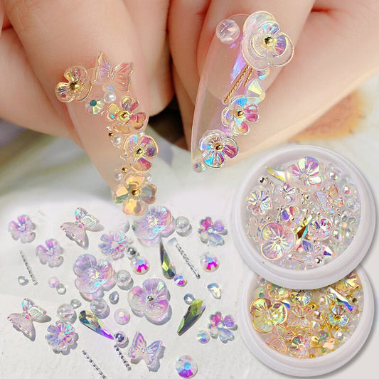 Elegant Flower Butterfly Nail Charms | Rhinestone & Glitter Nail Art Set