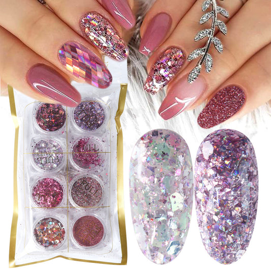 Holographic Nail Glitter Flakes & Powder Kit | 8 Box Mix Nail Art Decorations