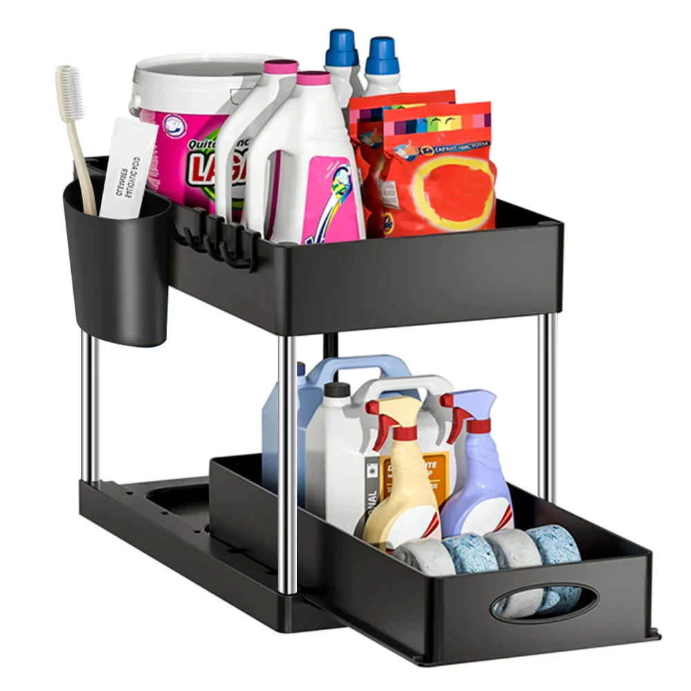 Hanging Cup & Hooks Cabinet Organizer | 2-Tier Sliding Under Sink Rack