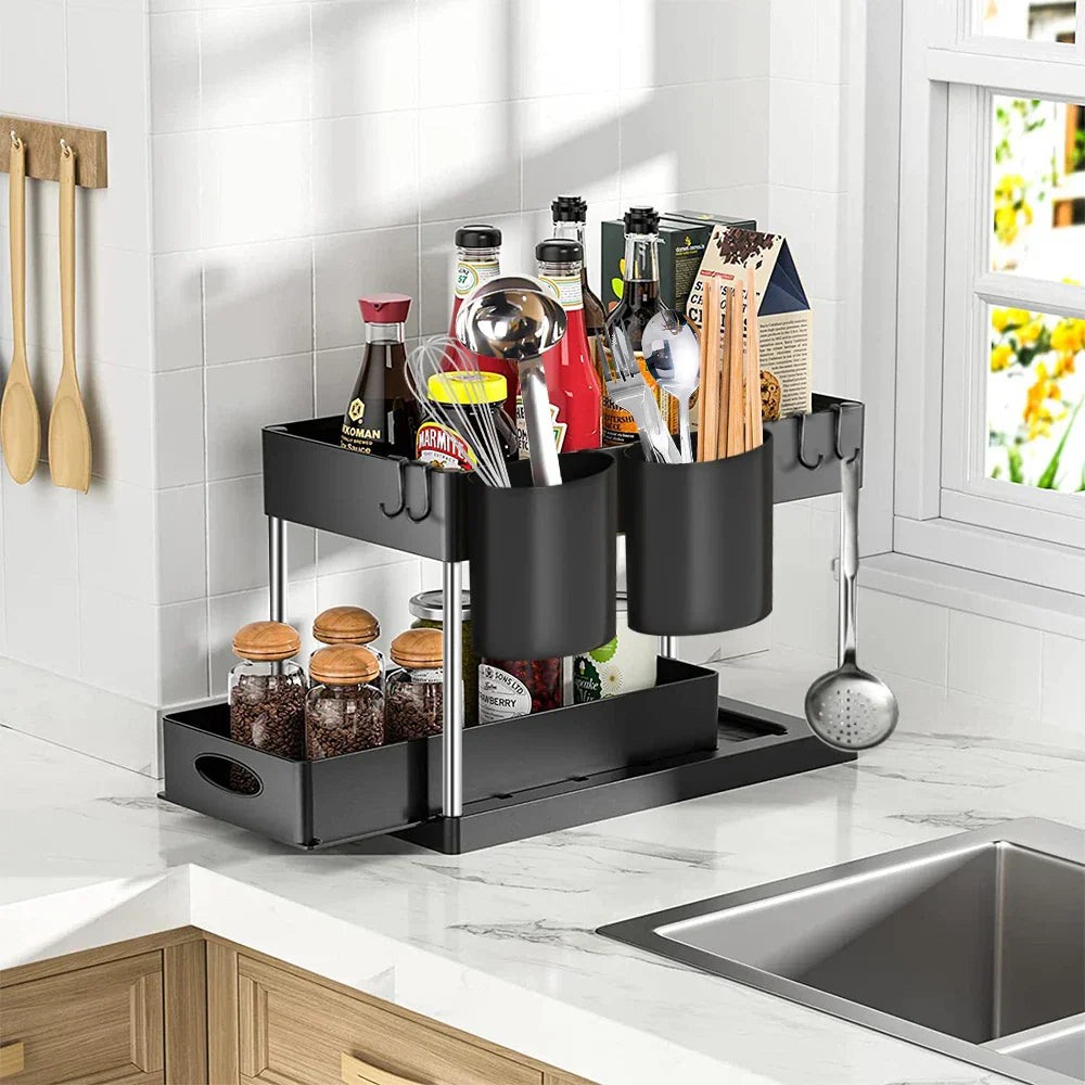 Hanging Cup & Hooks Cabinet Organizer | 2-Tier Sliding Under Sink Rack