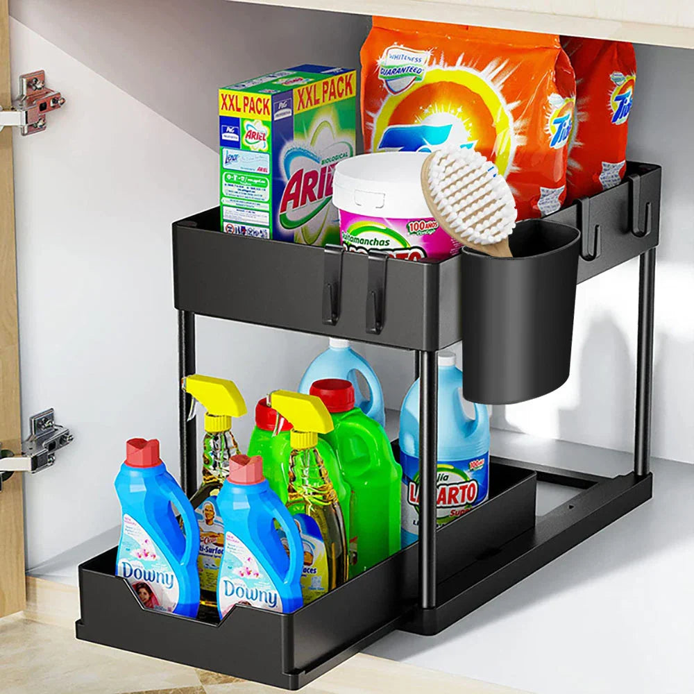 Hanging Cup & Hooks Cabinet Organizer | 2-Tier Sliding Under Sink Rack