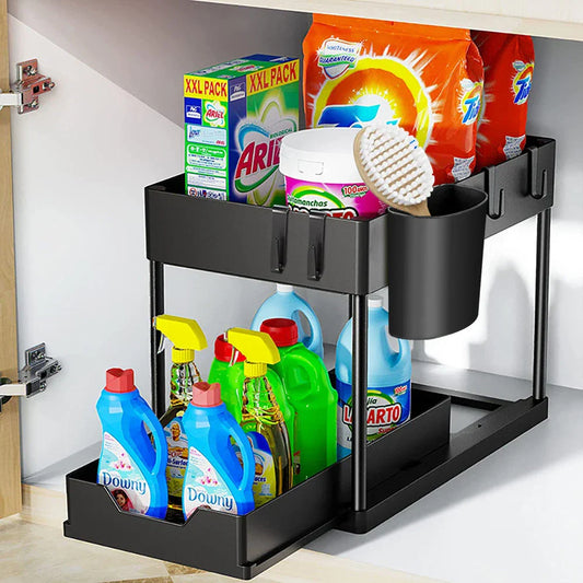 Hanging Cup & Hooks Cabinet Organizer | 2-Tier Sliding Under Sink Rack