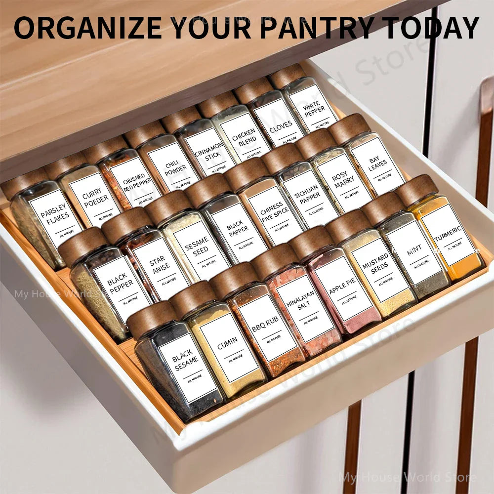 Modern Spice Jar Set | 13 Glass Storage Bottles with Bamboo Lids