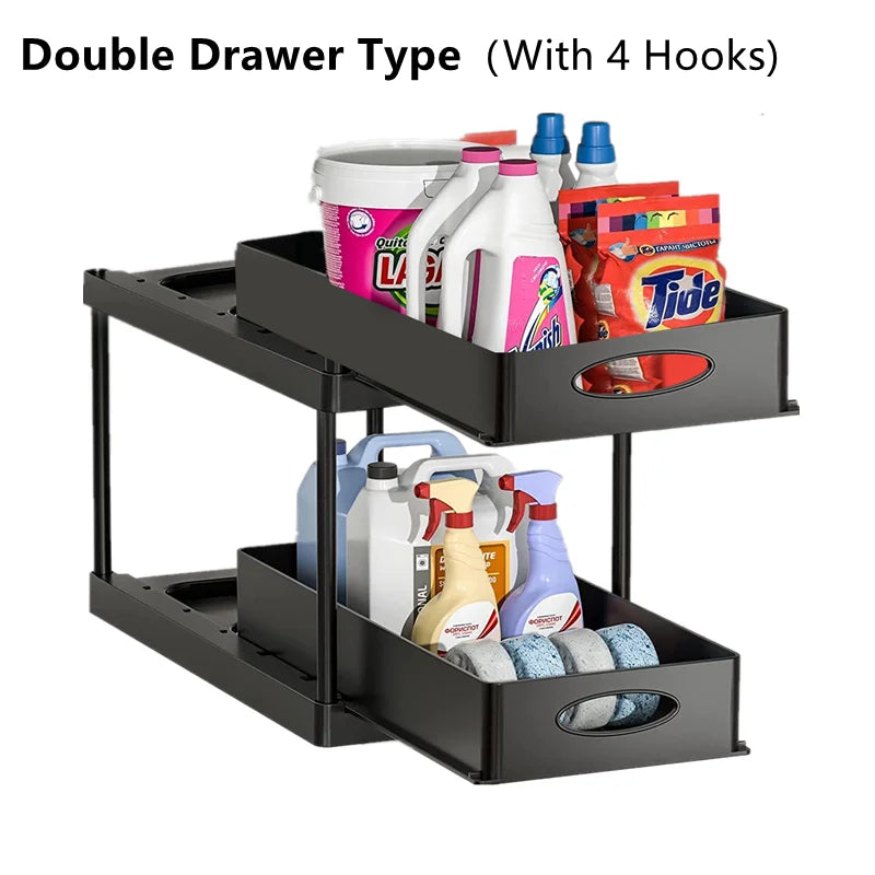 Hanging Cup & Hooks Cabinet Organizer | 2-Tier Sliding Under Sink Rack