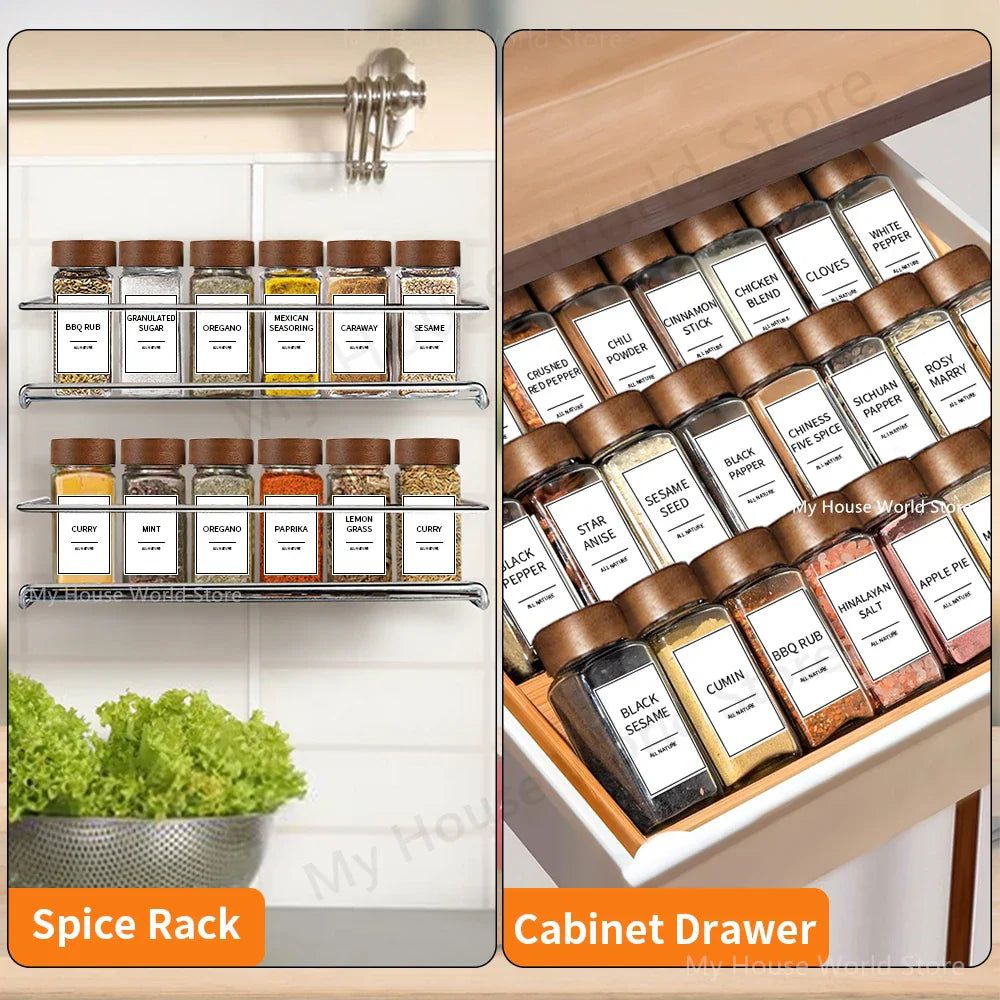 Modern Spice Jar Set | 13 Glass Storage Bottles with Bamboo Lids