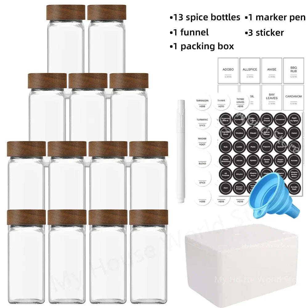 Modern Spice Jar Set | 13 Glass Storage Bottles with Bamboo Lids