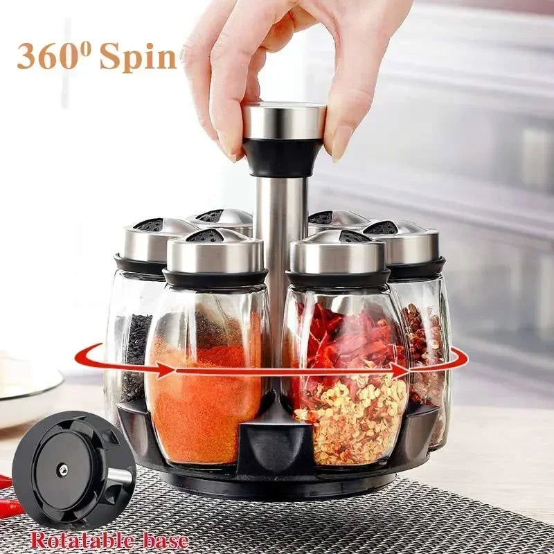 Modern Glass Seasoning Rack | Rotating Storage Holder with Salt Shakers