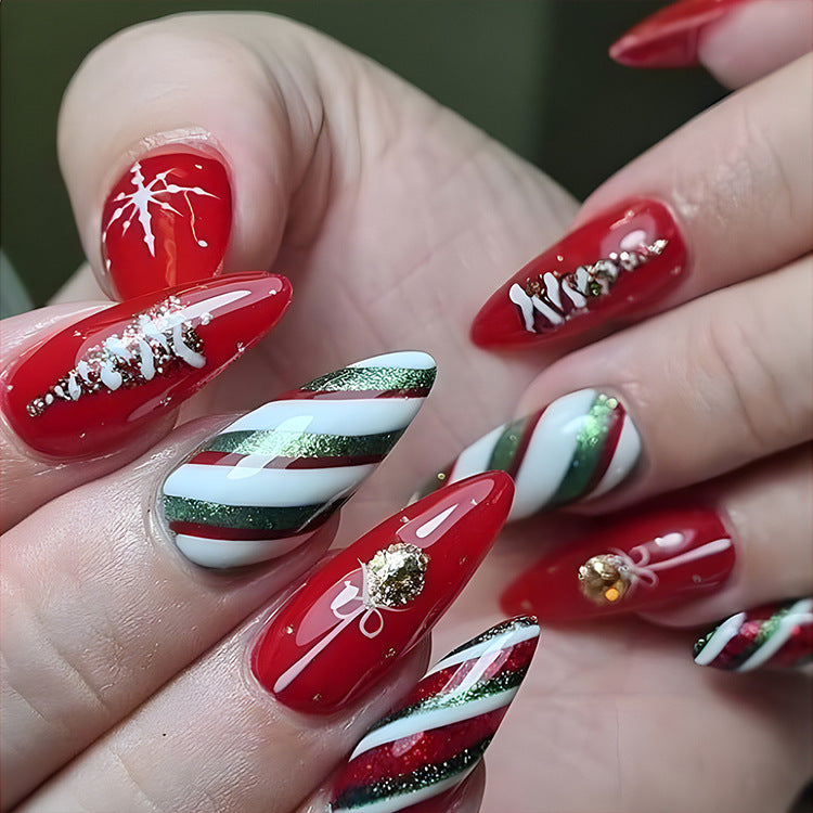 Festive Christmas False Nails | 24 Pcs Snowflake & Striped Press-Ons for Parties