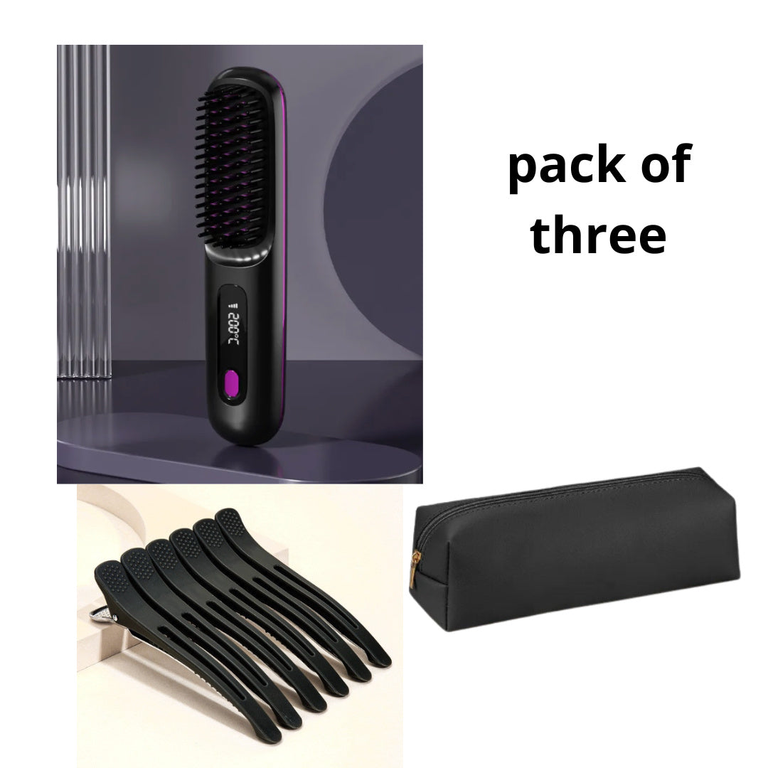 Travel 2-in-1 Hair Styling Tool | Wireless Straightener Brush & Hot Curler Comb